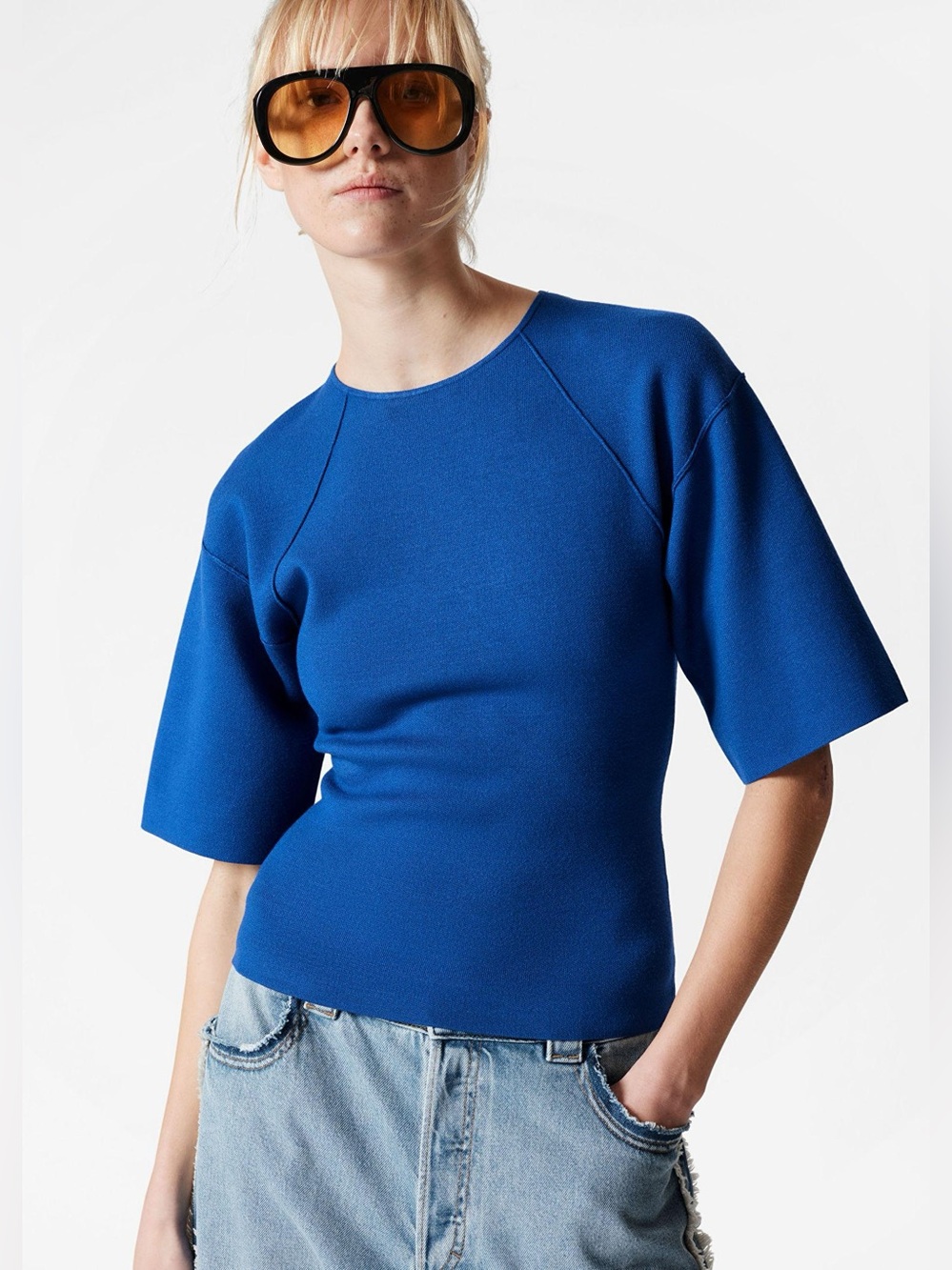 & Other Stories Cobalt Blue Short Sleeve Knit Top Small  Wide-Sleeve Open-Back T